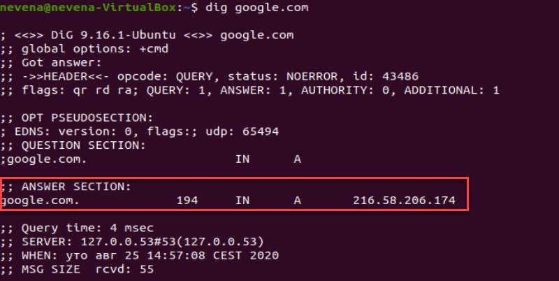 How to interpret Answer section of dig command