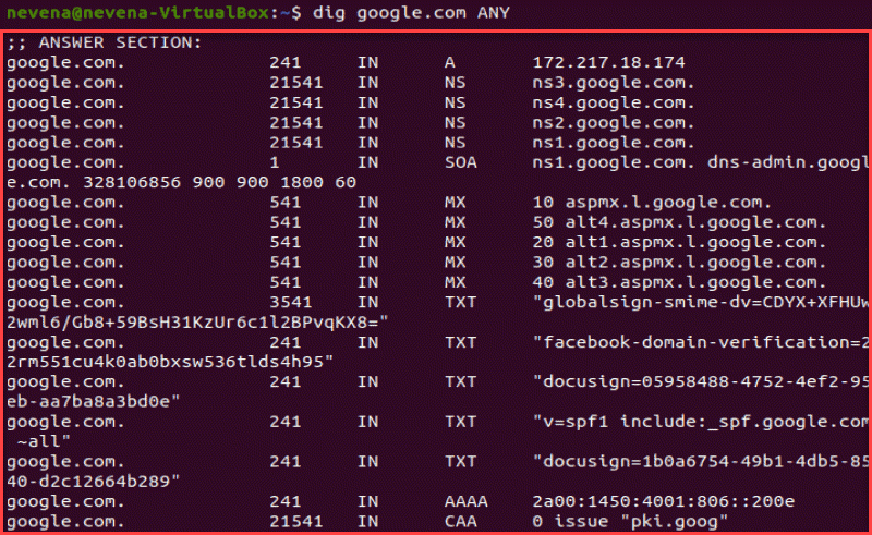 dig ANY returns a detailed list of DNS records