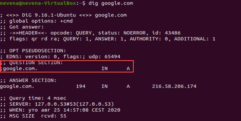Understanding question section of dig command