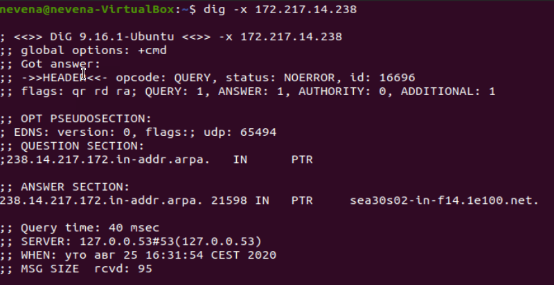 Checking the domain name by using IP address with dig command
