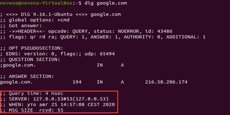 How to read query time section of dig command