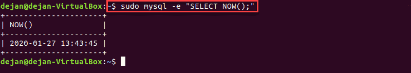 Terminal output that indicates current time and date in MySQL