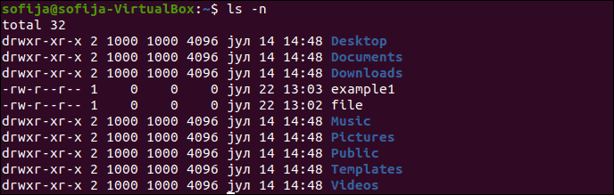 Display the UID and GID assigned to all files and directories with ls -n command.