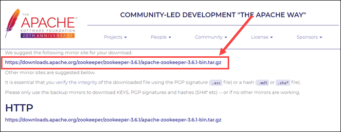 Download Apache mirror site for ZooKeeper.