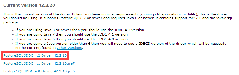 List of available JDBC posgreSQL drivers.
