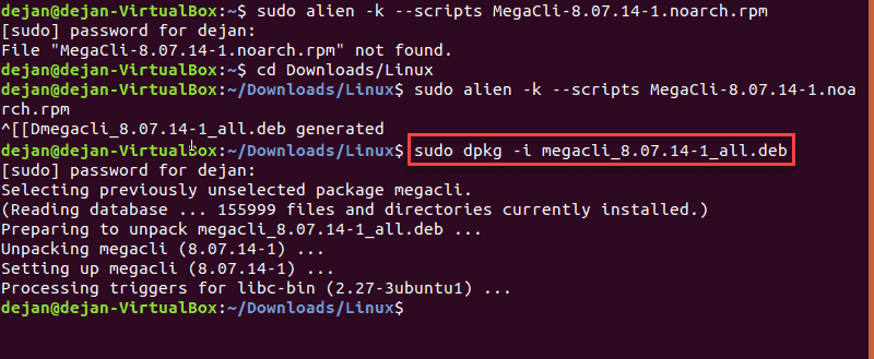 example of installing the deb file with dpkg