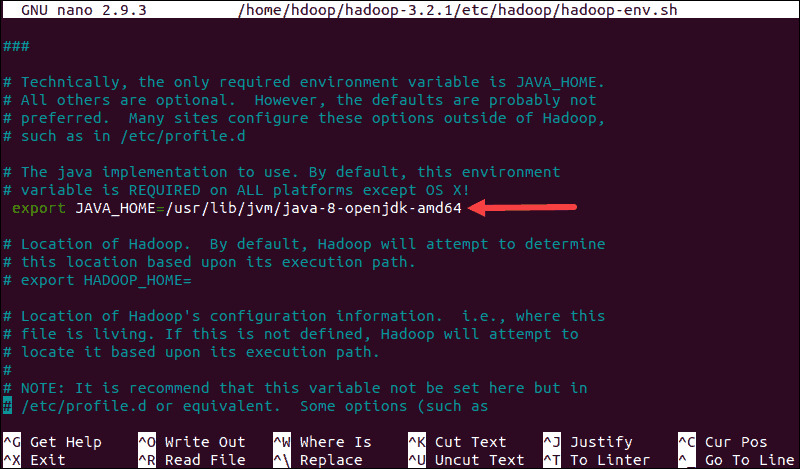 The location of the Java Home variable in the hadoop-env.sh configuration file.