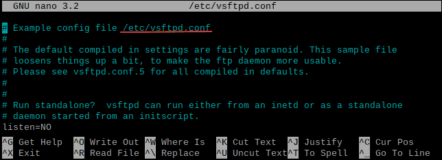 Editing vsftpd configuration file using nano text editor.