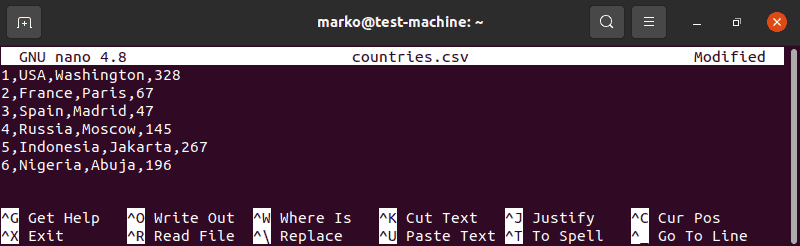 Editing a CSV file in Nano.