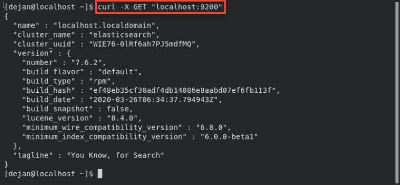 Verification that Elasticsearch is active and the service is running.