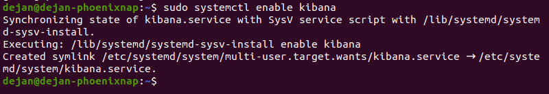 The command to enable the Kibana service on Ubuntu and the expected output.