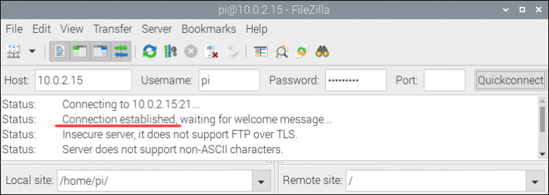 Establish a connection to the FTP server on Raspberry Pi.