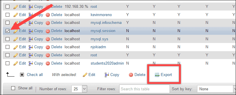 The location of the export button on myphpadmin interface.