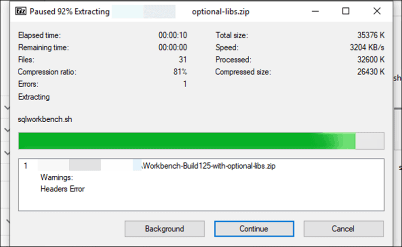 The extraction process for the SQL Workbench bundle on Windows.