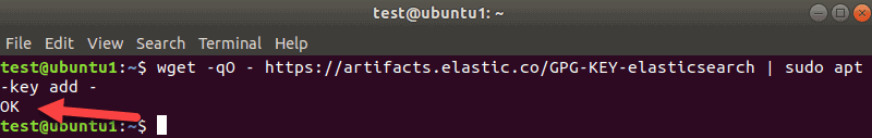 Adding GPG key in the terminal before installing Elasticsearch.