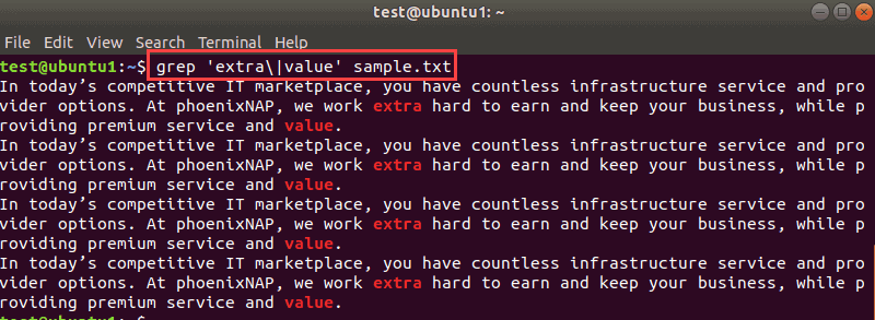 Terminal output when searching two words with grep.