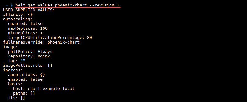 Terminal output of the command helm get values --revision