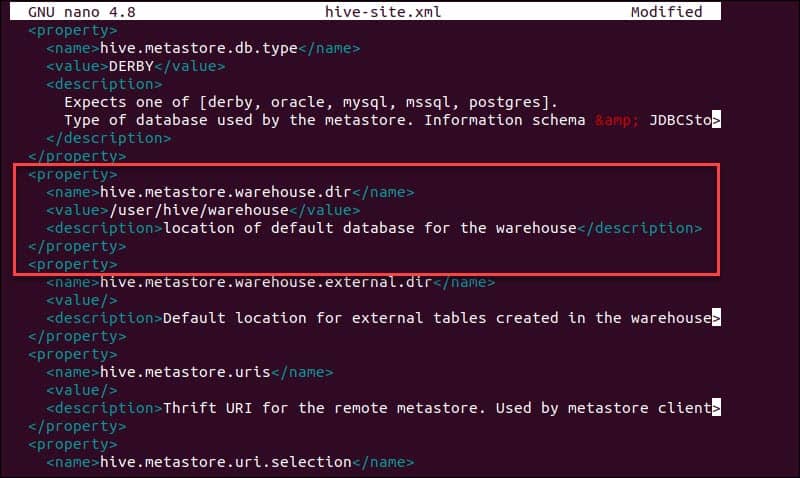 Defining warehouse location in hive-site.xml file.