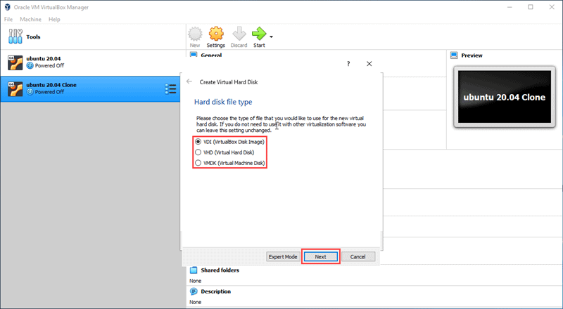 Choose the type of hard disk for your new VM