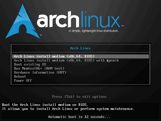Select Boot Arch Linux (x86_64) in the boot menu