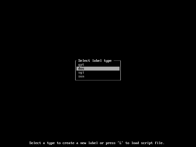 Select 'dos' as disk label type