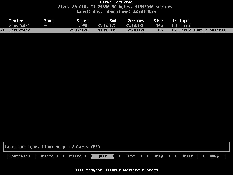Select 'Quit' to exit the cfdisk screen