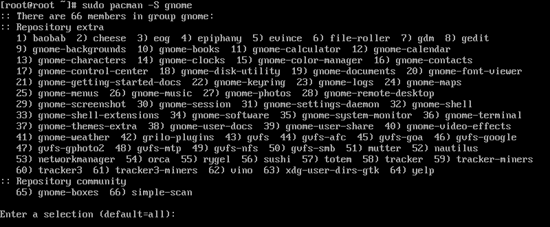 Select options for the GNOME installation