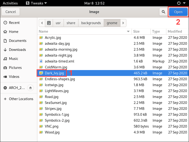 Selecn an image and click Open to confirm