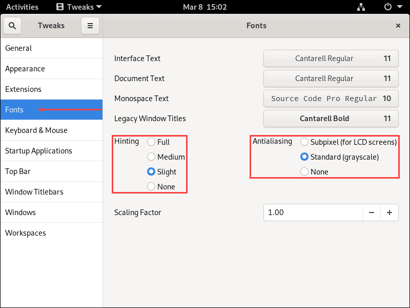 Change hinting and antialiasing settings