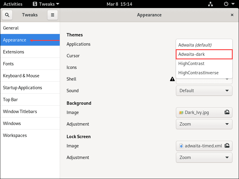 Select Adwaita-dark to enable the dark theme