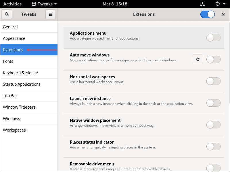 Turn GNOME extensions on or off