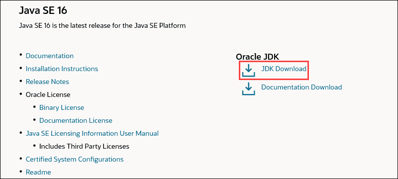 Link to the installation files for Java SE 16
