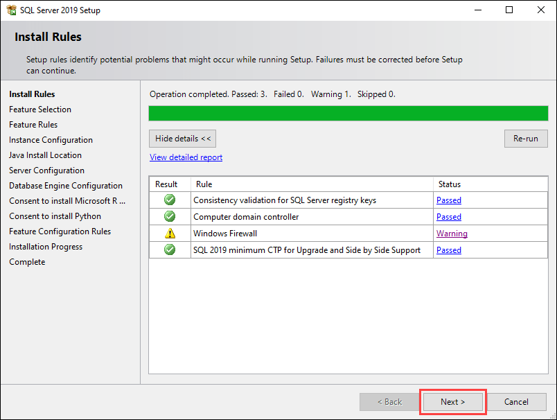 Review the Install Rules screen