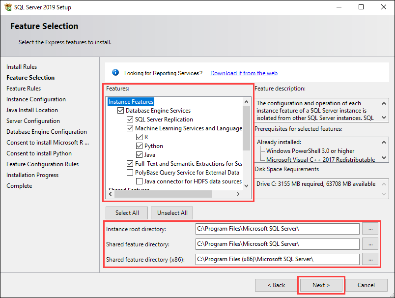 Select which features you want to install
