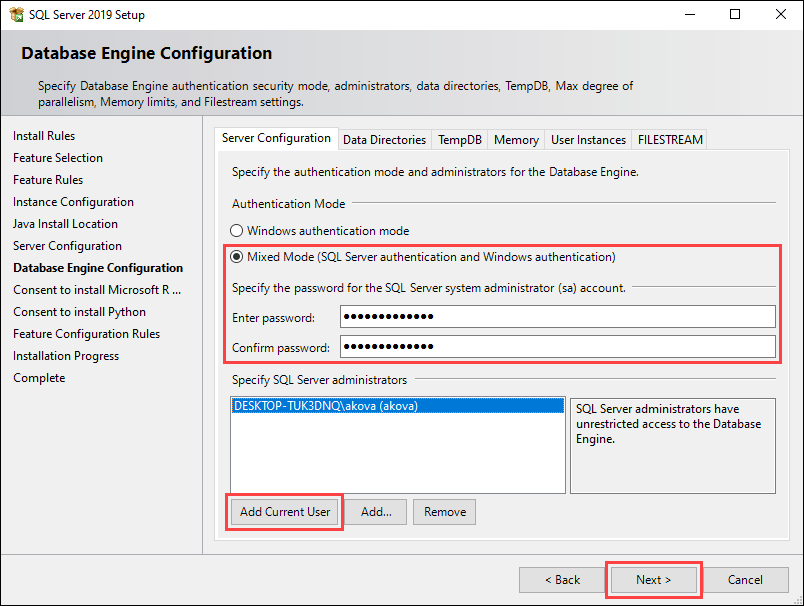 Configure the database engine authentication method
