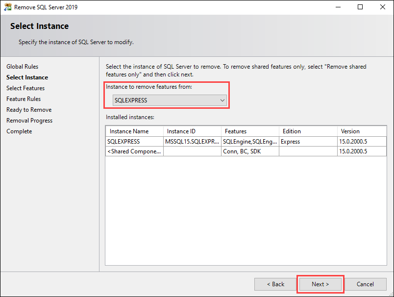 Select the SQL instance you want to remove