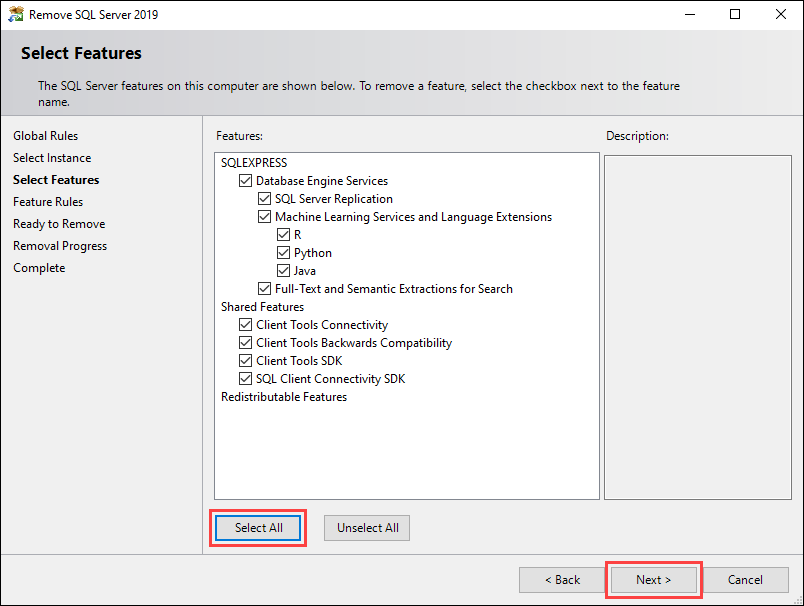 Select the features you want to remove