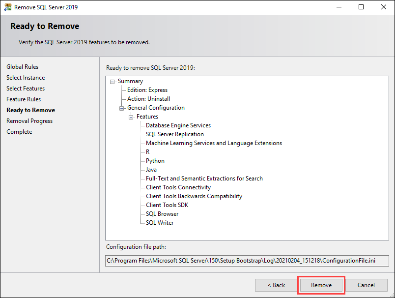 Overview of the features selected for removal