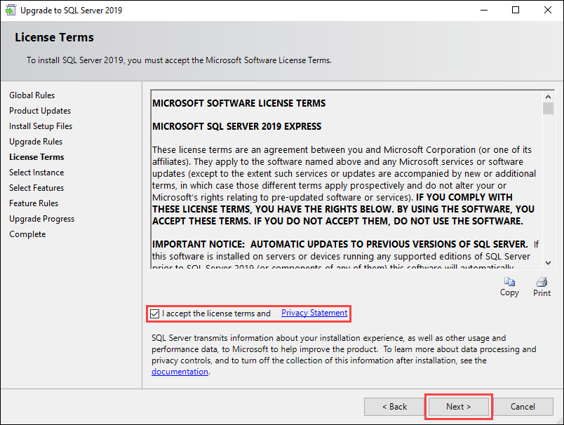 Accept the license terms and Privacy Statement