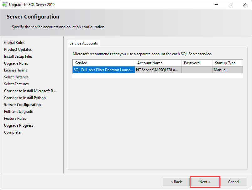Server Configuration screen