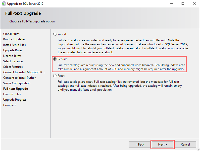 Select the Rebuild option on the Full-text Upgrade screen