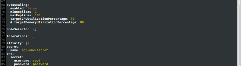 Add the username and password variables to the secret category of the values file