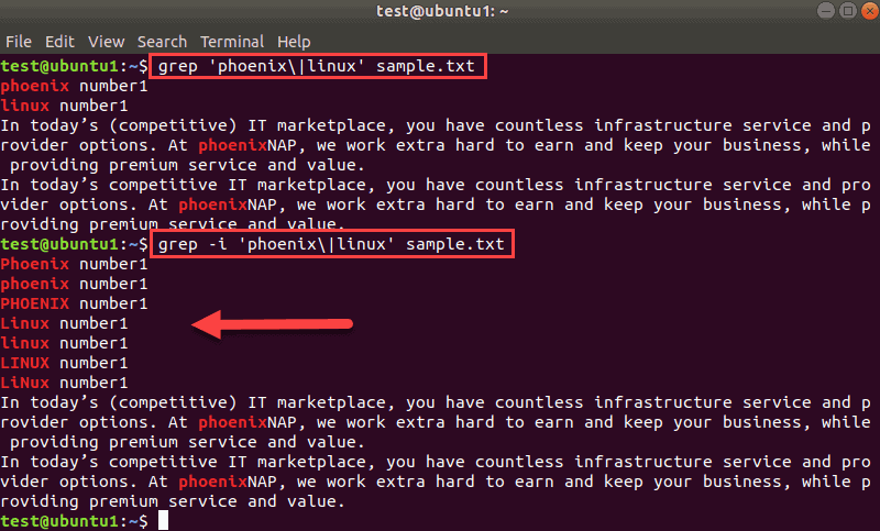 Output for grep command to ignore case while searching for multiple patterns.