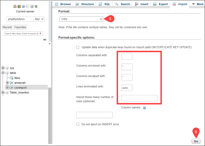 Select CSV Format and define column values