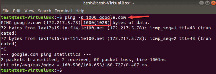 increasing the packet size to 1000 example