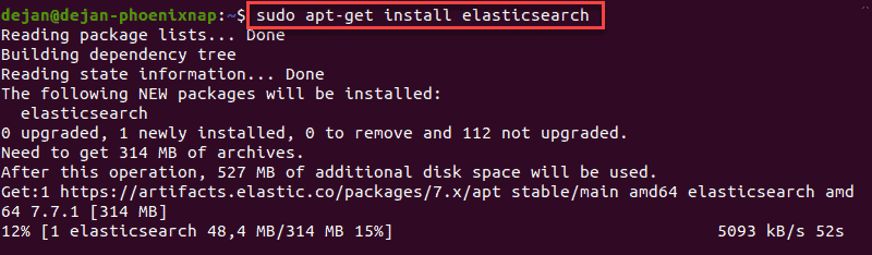 Command to install Elasticsearch via Linux terminal.