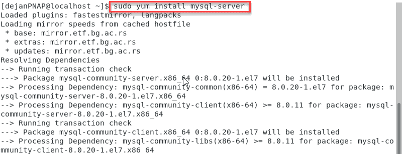 Installing MySQL 7 from the terminal console.