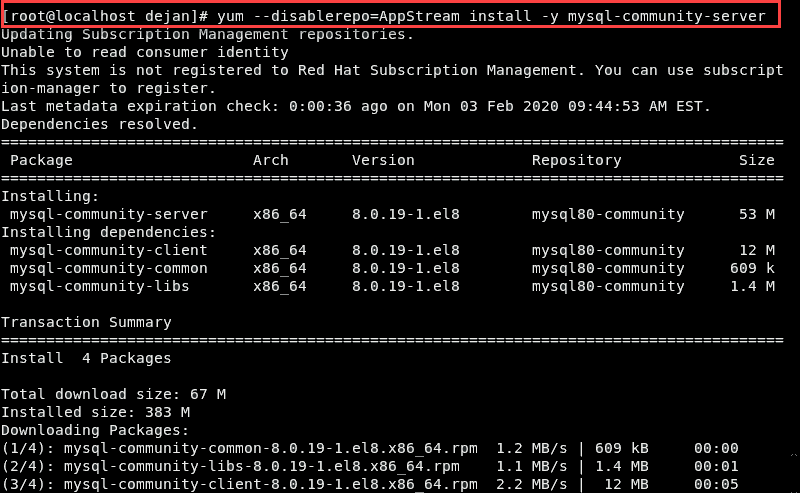 disable AppStream repository and install MySQL from repository