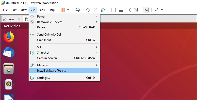install vmware tools highlighted in menu