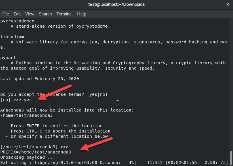 Terminal in CentOS showing Anaconda installation progress